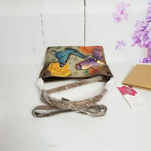 Anuschka Anna Butterfly Floral Paradise Hand Painted Leather Crossbody Bag